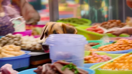 Dog's Deliberate Diner in Bustling Market – AI Generated Video | Hailuo AI