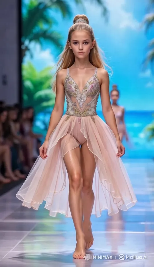 Tropical Fashion Show: Model Struts in Elaborate Dress – AI Generated Video | Hailuo AI