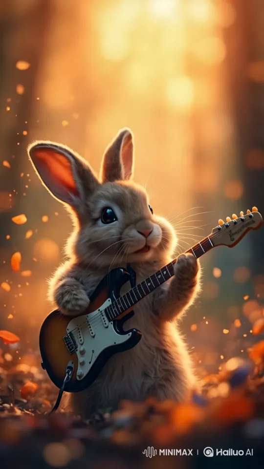 Enchanted Bunny Strums Guitar in Magical Forest at Sunset – AI Generated Video | Hailuo AI