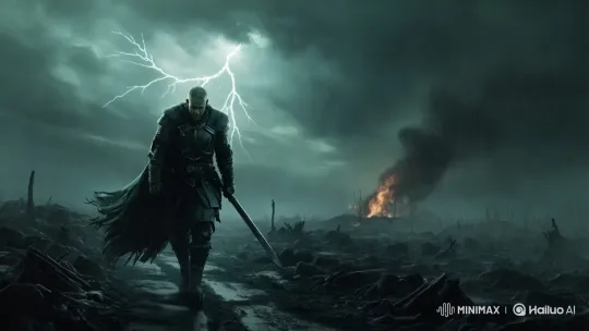 Hero's Grieving Walk Through the Battle's Ruin – AI Generated Video | Hailuo AI