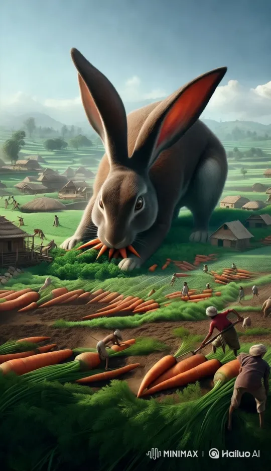 Giant Rabbit Excavates Carrots in Villagers' Farmland – AI Generated Video | Hailuo AI