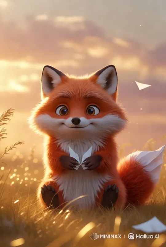 Adorable Fox with Paper Airplane in Golden Meadow Sunset – AI Generated Video | Hailuo AI