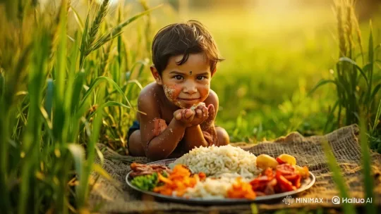 Child Enjoying Meal in Serene Grass Field – AI Generated Video | Hailuo AI