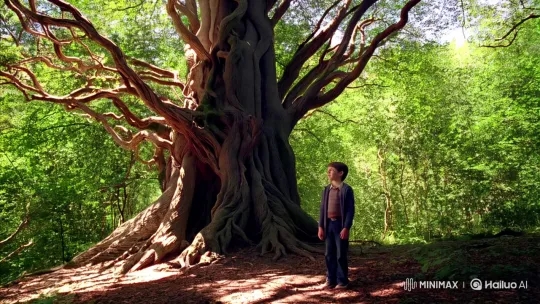 Boy Shares Memories with Ancient Tree in Enchanting Forest – AI Generated Video | Hailuo AI