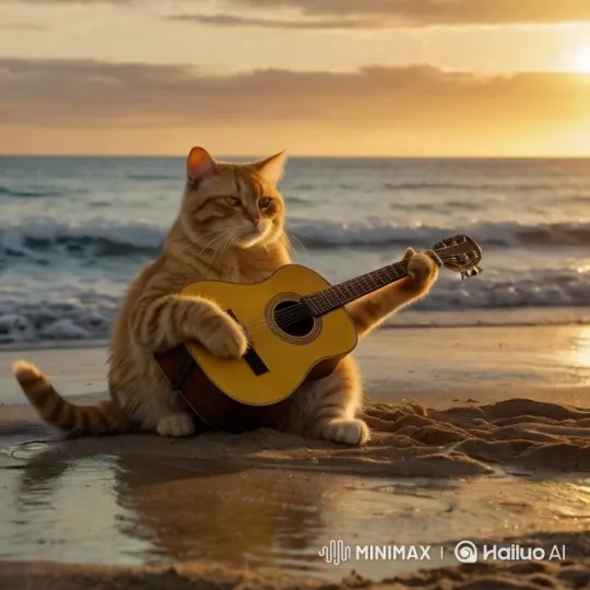 Ginger Cat Serenades Kittens at Sunset Beach – AI Generated Video | Hailuo AI