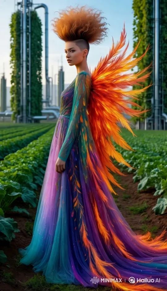 Vibrant Gown and Feathers in Lush Agricultural Field – AI Generated Video | Hailuo AI