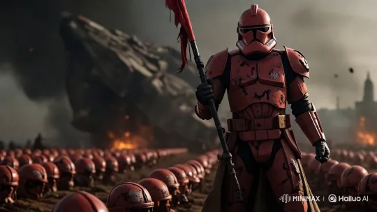 Red Soldier Stands Amidst War-torn Battlefield – AI Generated Video | Hailuo AI