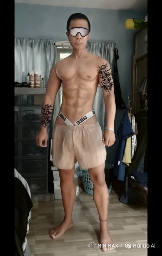 Confident Man Showcases Tattoos in Intimate Setting – AI Generated Video | Hailuo AI