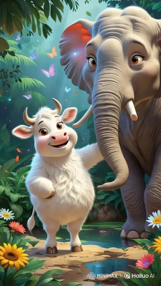 Peaceful Serenity: Cow and Elephant by Tranquil Pond – AI Generated Video | Hailuo AI