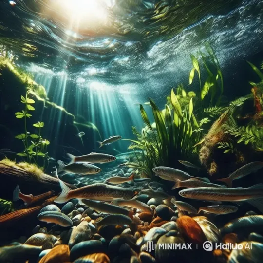 School of Fish in Sunlit Stream with Tracking Shot – AI Generated Video | Hailuo AI