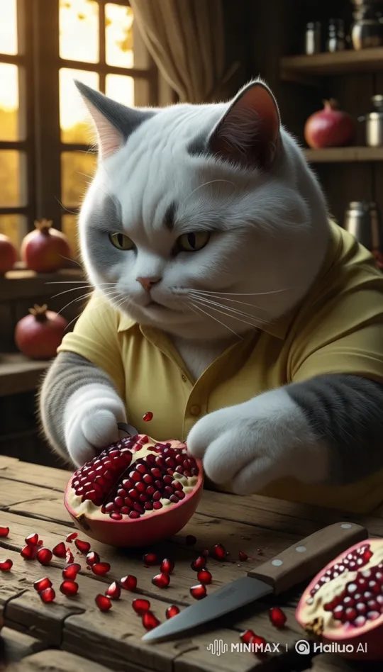 Cat Peels Pomegranate with Delicate Precision – AI Generated Video | Hailuo AI