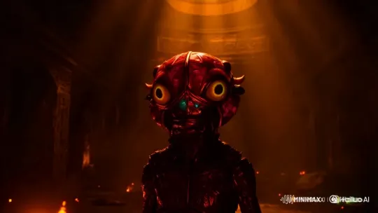 Space Monster Stares Intently in Ancient, Shadowed Environment – AI Generated Video | Hailuo AI