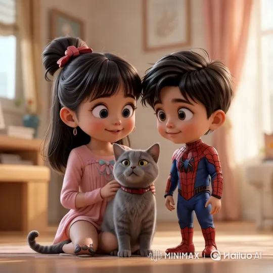 Children and Cat Enjoy Peaceful Play in Cozy Room – AI Generated Video | Hailuo AI