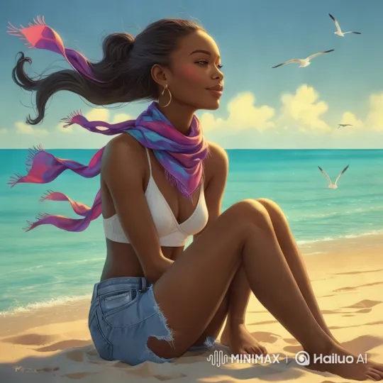 Woman in White Bikini Walks Gracefully to Ocean – AI Generated Video | Hailuo AI