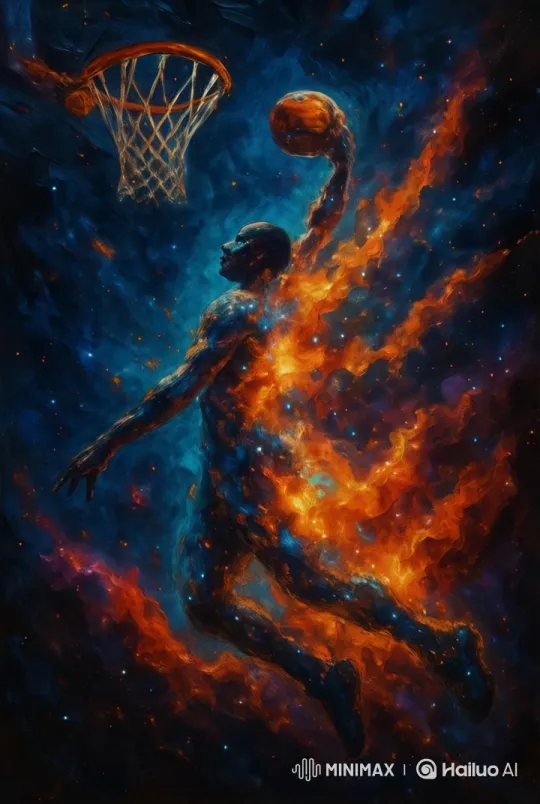 Cosmic Basketball Dunk: Boy in Flames Leaps Through Vibrant Space – AI Generated Video | Hailuo AI