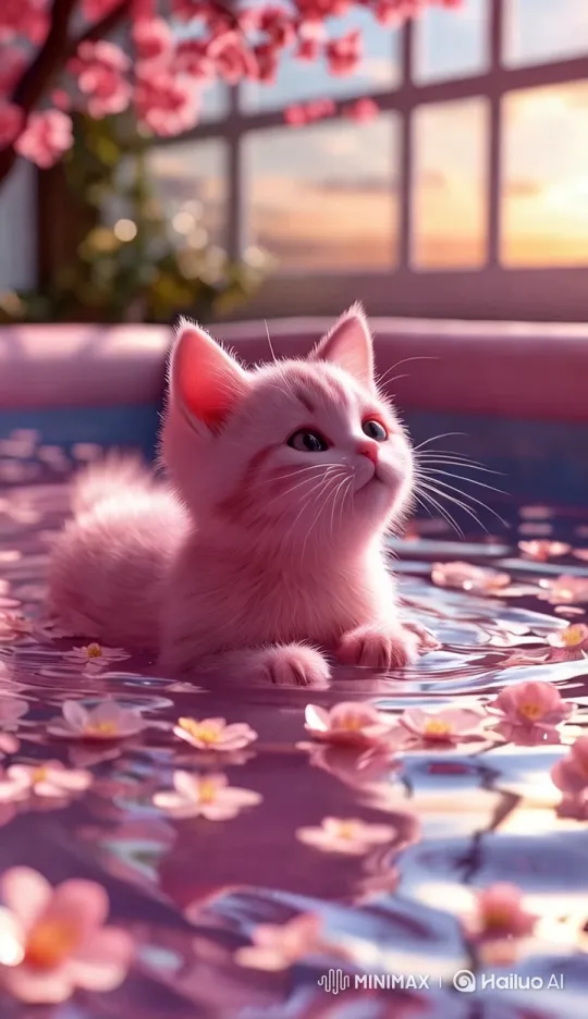 Pink Kitten in Blossom-Filled Pool - Tranquil Serenity – AI Generated Video | Hailuo AI