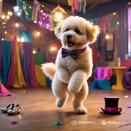 Dancing Dog in Festive Sparkling Room – AI Generated Video | Hailuo AI