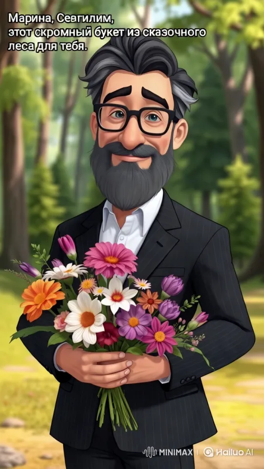 Formal Character Presents Elegant Forest Bouquet – AI Generated Video | Hailuo AI