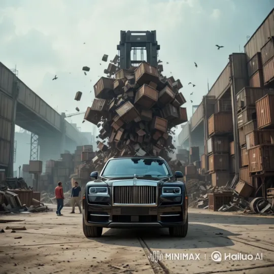 Luxury Rolls-Royce Amid Industrial Collapse Cinematography – AI Generated Video | Hailuo AI