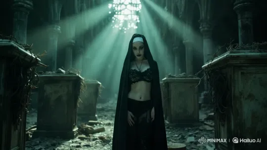 Mysterious Figure in Ruined Gothic Cathedral – AI Generated Video | Hailuo AI