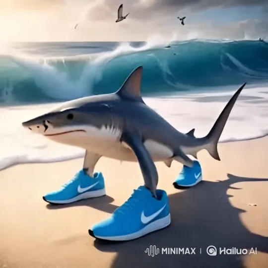 Shark in Nike Sneakers Runs on Beach – AI Generated Video | Hailuo AI