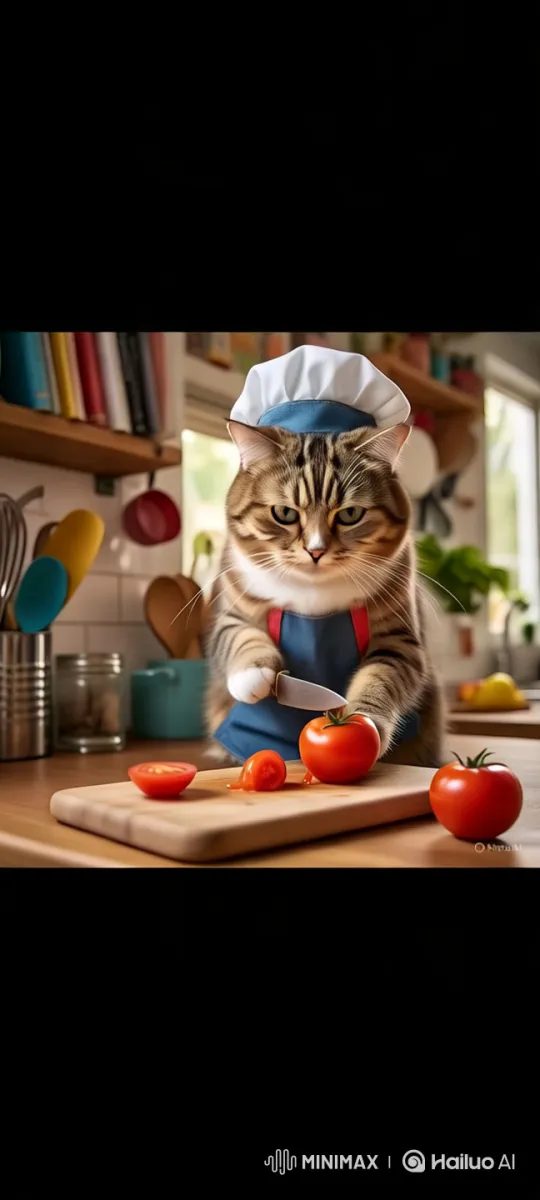 Aesthetic Cat Chef Prepares Tomato in Neat Kitchen – AI Generated Video | Hailuo AI