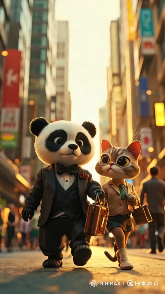 Formally Dressed Panda and Cat Walk Through Bustling City – AI Generated Video | Hailuo AI
