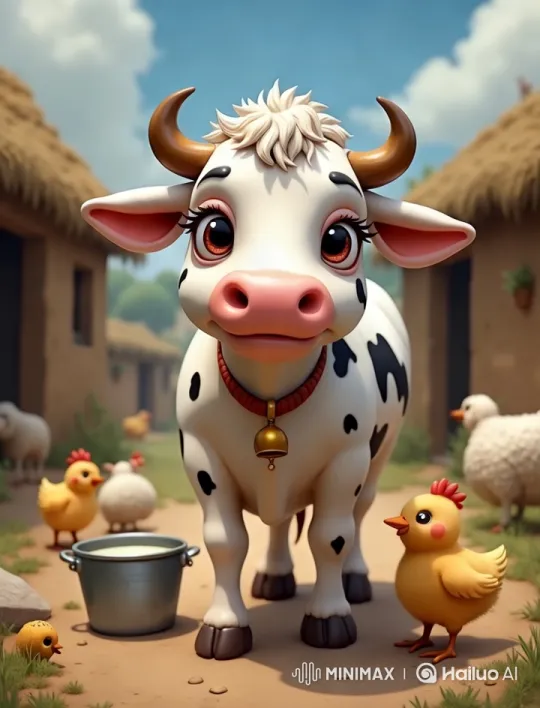 Animated Cow and Chick Dance in Pastoral Village Setting – AI Generated Video | Hailuo AI