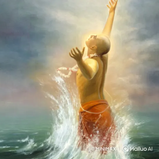 Monk Ascends from Ocean in Serene Sunset Scene – AI Generated Video | Hailuo AI