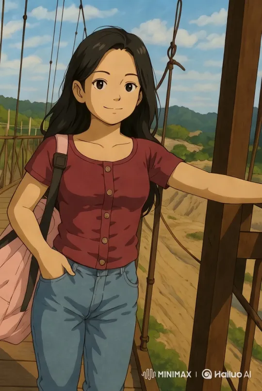 Young Woman on Scenic Suspension Bridge – AI Generated Video | Hailuo AI