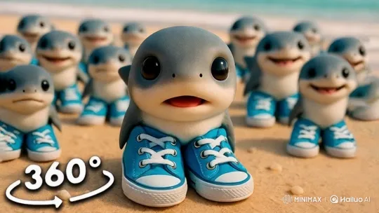 Baby Sharks Strut in Bright Blue Sneakers on Beach – AI Generated Video | Hailuo AI