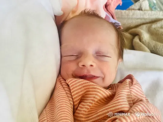 Baby in Cozy Striped Onesie on Soft Bed – AI Generated Video | Hailuo AI