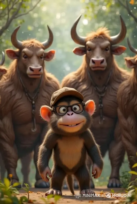 Chubby Monkey Confronts Mischievous Bulls in Magical Realm – AI Generated Video | Hailuo AI