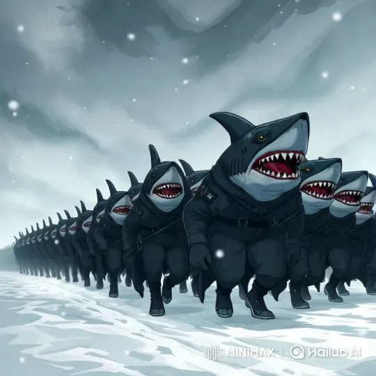 Humanoid Sharks in Military Formation March Through Snowy Landscape – AI Generated Video | Hailuo AI