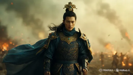 Warrior in Ornate Armor Amidst Chaotic Battlefield – AI Generated Video | Hailuo AI