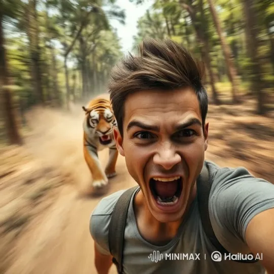 Man Fleeing from Wild Tiger in Dense Jungle – AI Generated Video | Hailuo AI