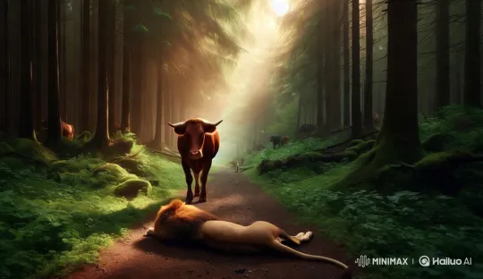 Cow Approaches Injured Lion in Serene Forest – AI Generated Video | Hailuo AI