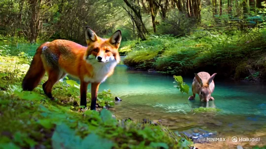 Fox and Rabbit in Peaceful Forest Stream – AI Generated Video | Hailuo AI
