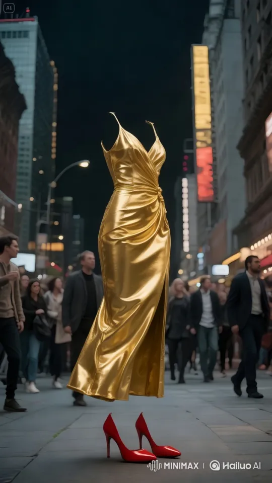 Transparent Figure in Golden Dress Glides Through Cityscape – AI Generated Video | Hailuo AI
