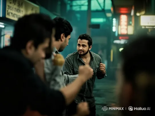 Urban Alley Confrontation: Man in Green Shirt Faces Opponents – AI Generated Video | Hailuo AI