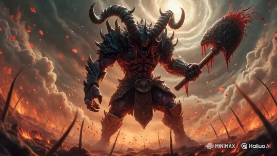 Brutal Oni-Symbiote Abomination in Fiery Volcanic Battlefield – AI Generated Video | Hailuo AI