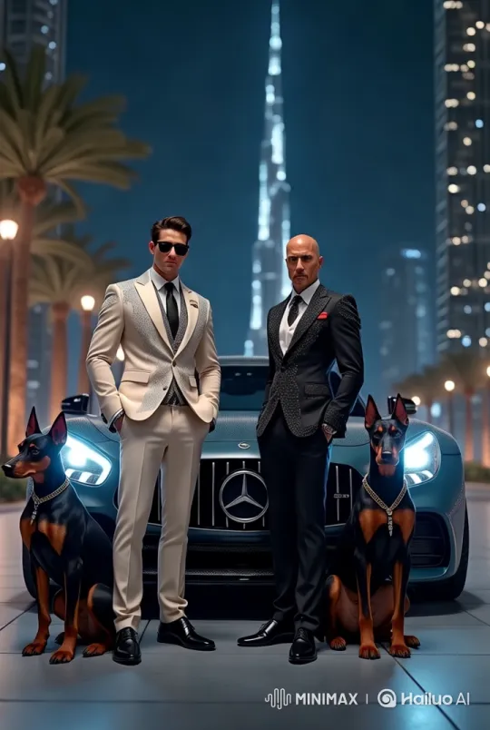 Luxurious Dubai Night: Elite Men and Dobermans on Boulevard – AI Generated Video | Hailuo AI