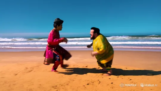 Dramatic Fight on Sunlit Beach with Dynamic Camera Work – AI Generated Video | Hailuo AI