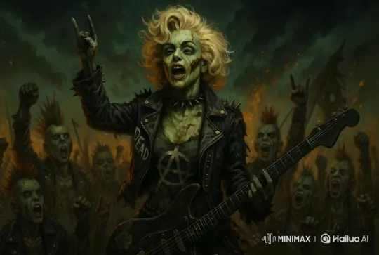 Punk Rock Guitarist Leads Fiery Crowd in Rock Salute – AI Generated Video | Hailuo AI