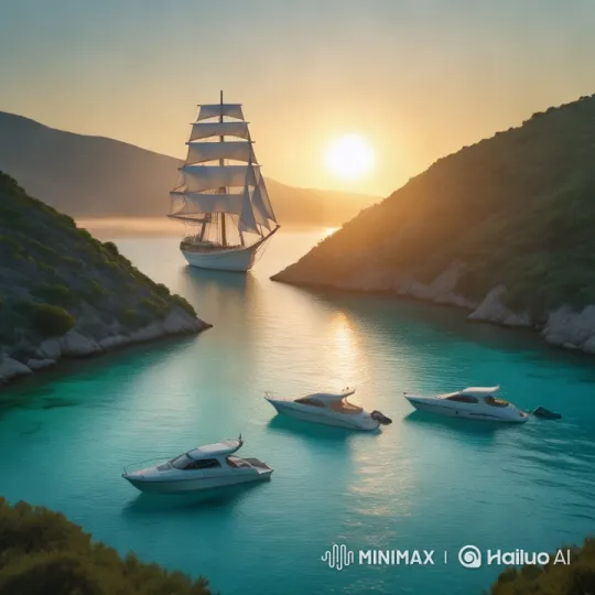Tranquil Coastal Sunset with Sailing Ships – AI Generated Video | Hailuo AI