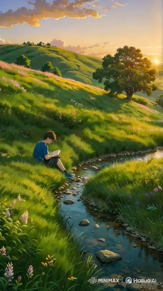 Tranquil Hillside Reading Scene at Sunset – AI Generated Video | Hailuo AI