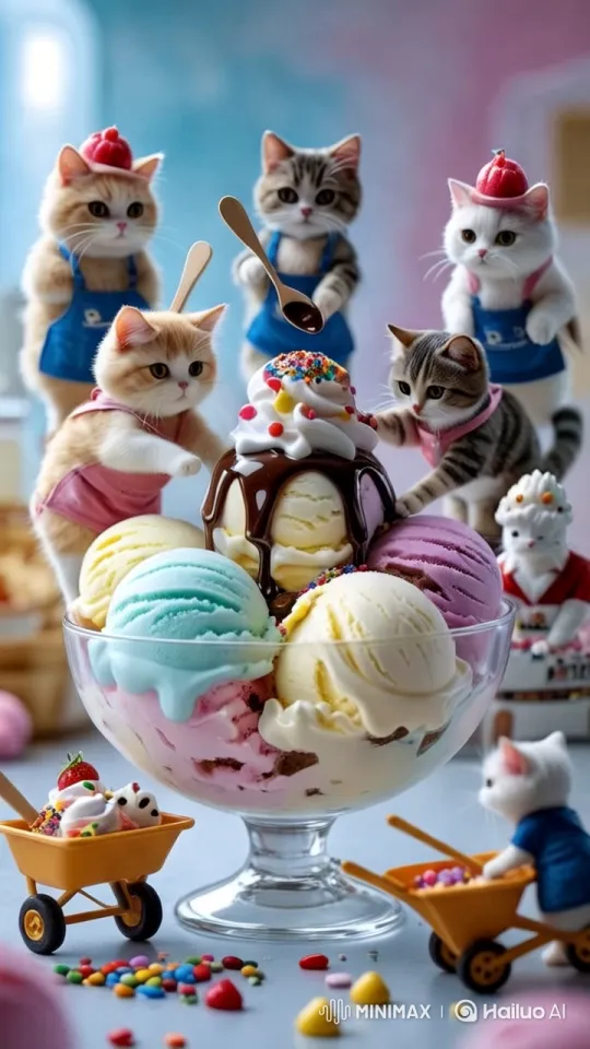 Tiny Cat Workers Craft Ice Cream Masterpieces – AI Generated Video | Hailuo AI