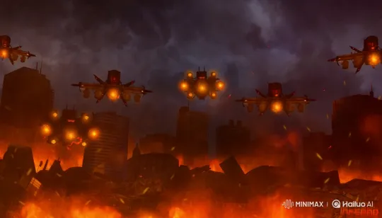 Dystopian Cityscape: Drones Plunge into Flames – AI Generated Video | Hailuo AI