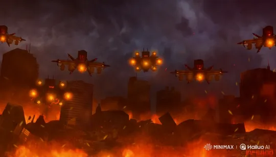 Drones Fail Amidst City's Fiery Destruction and Scattered Money – AI Generated Video | Hailuo AI