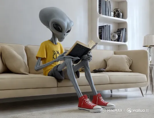 Alien Reading on Sofa Greets Viewers – AI Generated Video | Hailuo AI